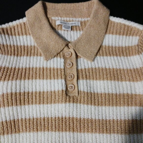 NEW American Eagle Henley Collared Tan/White Striped Sweater Size‎ XS Preppy - Picture 4 of 9